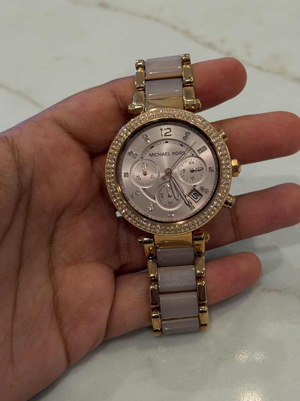 Michael Kors MK5896 Rose Gold & Blush Pink Chronograph Watch Crystal Bezel - Picture 2 of 7